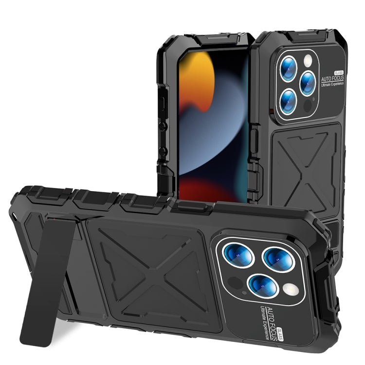 For iPhone 15 Pro R-JUST Metal + Silicone + Tempered Glass Life Waterproof Phone Case with Holder(Black) - iPhone 15 Pro Cases by R-JUST | Online Shopping South Africa | PMC Jewellery