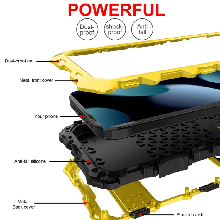 For iPhone 15 Plus R-JUST Metal + Silicone + Tempered Glass Life Waterproof Phone Case with Holder(Yellow) - iPhone 15 Plus Cases by R-JUST | Online Shopping South Africa | PMC Jewellery