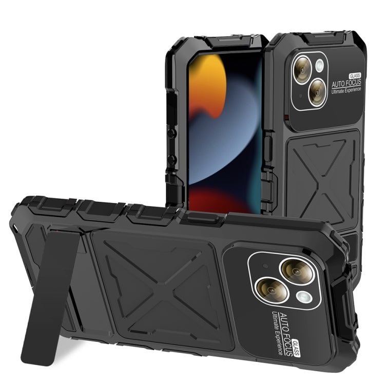 For iPhone 15 R-JUST Metal + Silicone + Tempered Glass Life Waterproof Phone Case with Holder(Black) - iPhone 15 Cases by R-JUST | Online Shopping South Africa | PMC Jewellery