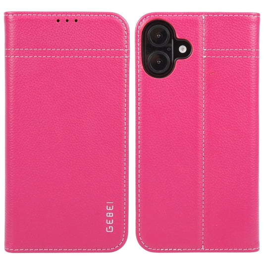 For iPhone 16 Plus GEBEI Top-grain Horizontal Flip Leather Phone Case(Rose Red) - iPhone 16 Plus Cases by GEBEI | Online Shopping South Africa | PMC Jewellery | Buy Now Pay Later Mobicred