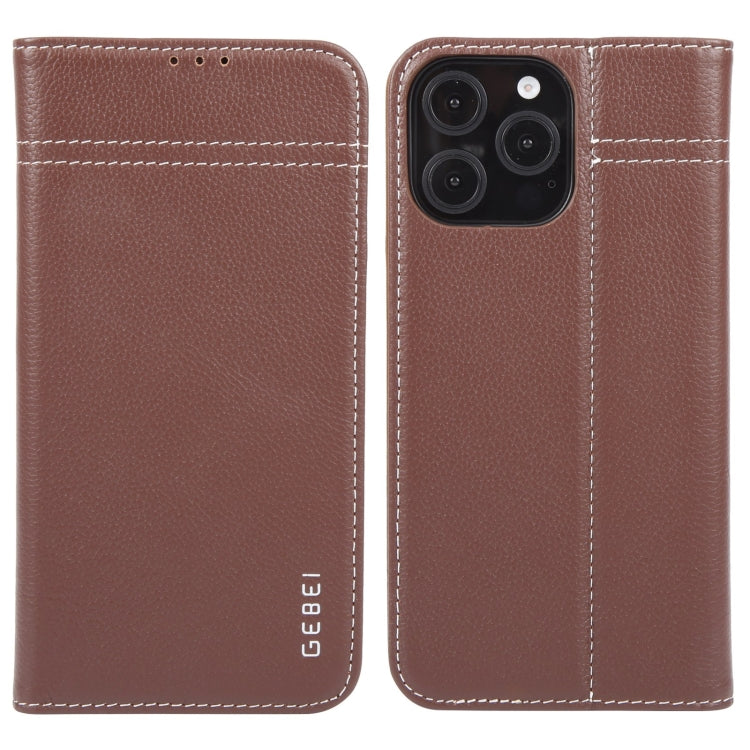 For iPhone 16 Pro GEBEI Top-grain Horizontal Flip Leather Phone Case(Brown) - iPhone 16 Pro Cases by GEBEI | Online Shopping South Africa | PMC Jewellery | Buy Now Pay Later Mobicred