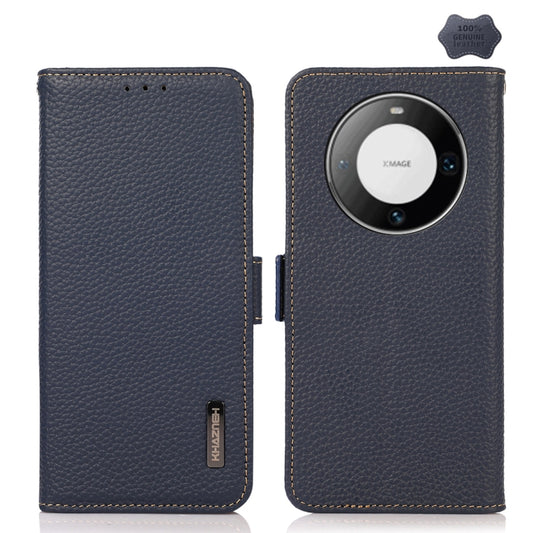 For Huawei Mate 60 Pro KHAZNEH Side-Magnetic Litchi Genuine Leather RFID Case(Blue) - Huawei Cases by PMC Jewellery | Online Shopping South Africa | PMC Jewellery | Buy Now Pay Later Mobicred