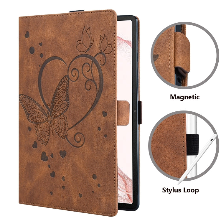 For Samsung Galaxy Tab S9 FE Love Butterfly Embossed Leather Tablet Case(Brown) - Other Galaxy Tab PC by PMC Jewellery | Online Shopping South Africa | PMC Jewellery | Buy Now Pay Later Mobicred