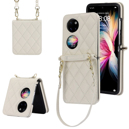 For Huawei P50 Pocket Rhombic Texture Card Bag Phone Case with Dual Lanyard(White) - Huawei Cases by PMC Jewellery | Online Shopping South Africa | PMC Jewellery | Buy Now Pay Later Mobicred