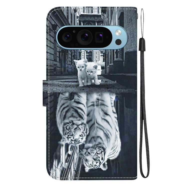 For Google Pixel 9 Pro Crystal Texture Colored Drawing Leather Phone Case(Cat Tiger Reflection) - Google Cases by PMC TechLife | Online Shopping South Africa | PMC TechLife | Buy Now Pay Later Mobicred
