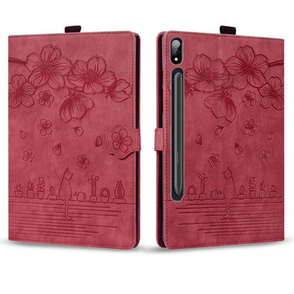 For Samsung Galaxy Tab S9 Ultra /S8 Ultra Cartoon Sakura Cat Embossed Leather Tablet Case(Red) - Galaxy Tab S9 Ultra Cases by PMC Jewellery | Online Shopping South Africa | PMC Jewellery | Buy Now Pay Later Mobicred