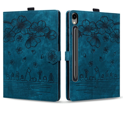 For Samsung Galaxy Tab S9 FE Cartoon Sakura Cat Embossed Leather Tablet Case(Blue) - Galaxy Tab S9 FE by PMC Jewellery | Online Shopping South Africa | PMC Jewellery | Buy Now Pay Later Mobicred