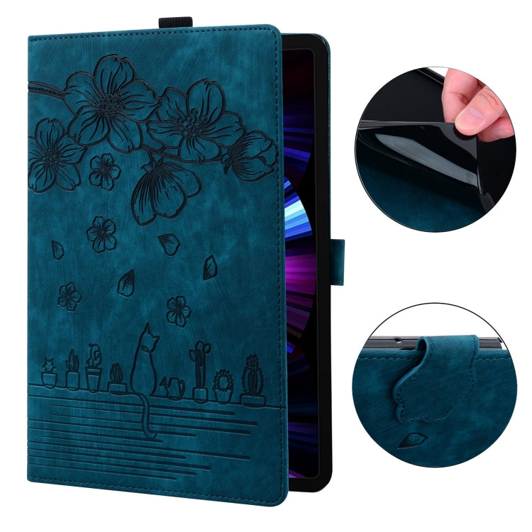 For Samsung Galaxy Tab S9 FE+ Cartoon Sakura Cat Embossed Leather Tablet Case(Blue) - Galaxy Tab S9 FE+ by PMC Jewellery | Online Shopping South Africa | PMC Jewellery | Buy Now Pay Later Mobicred