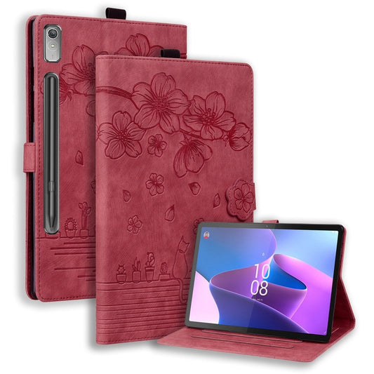 For Lenovo Tab P12 12.7 Cartoon Sakura Cat Embossed Leather Tablet Case(Red) - Lenovo by PMC Jewellery | Online Shopping South Africa | PMC Jewellery | Buy Now Pay Later Mobicred