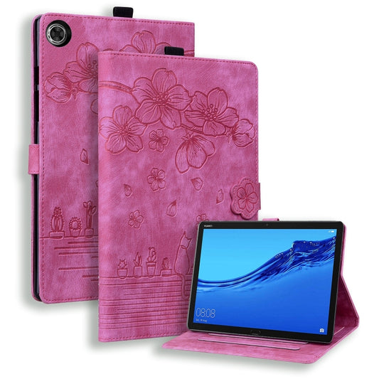 For Lenovo Tab M10 Plus 3rd Gen 2022 Cartoon Sakura Cat Embossed Leather Tablet Case(Rose Red) - Lenovo by PMC Jewellery | Online Shopping South Africa | PMC Jewellery | Buy Now Pay Later Mobicred