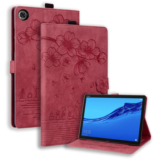 For Lenovo Tab M10 Plus 3rd Gen 2022 Cartoon Sakura Cat Embossed Leather Tablet Case(Red) - Lenovo by PMC Jewellery | Online Shopping South Africa | PMC Jewellery | Buy Now Pay Later Mobicred