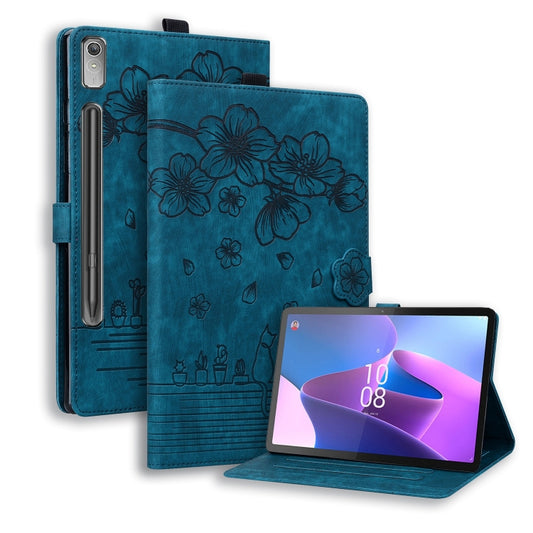 For Lenovo Xiaoxin Pad Pro 2022 / P11 Pro 2 Cartoon Sakura Cat Embossed Leather Tablet Case(Blue) - Lenovo by PMC Jewellery | Online Shopping South Africa | PMC Jewellery | Buy Now Pay Later Mobicred