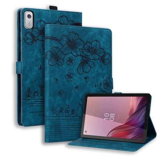 For Lenovo Tab M9 Cartoon Sakura Cat Embossed Leather Tablet Case(Blue) - Lenovo by PMC Jewellery | Online Shopping South Africa | PMC Jewellery | Buy Now Pay Later Mobicred