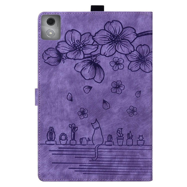 For Lenovo Tab K11 Plus / M11 Plus Cartoon Sakura Cat Embossed Leather Tablet Case(Purple) - Lenovo by PMC TechLife | Online Shopping South Africa | PMC TechLife | Buy Now Pay Later Mobicred