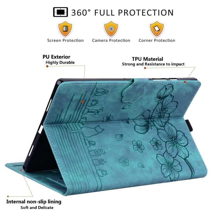 For Lenovo Xiaoxin Pad Pro 12.7 2025 Cartoon Sakura Cat Embossed Leather Tablet Case(Green) - Lenovo by PMC TechLife | Online Shopping South Africa | PMC TechLife | Buy Now Pay Later Mobicred