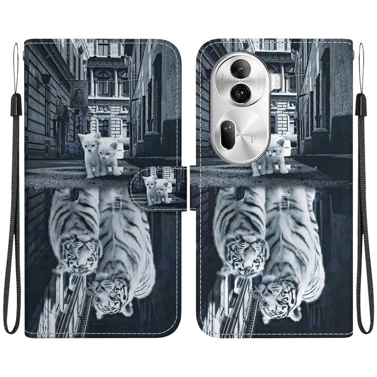 For OPPO Reno11 Pro 5G Global Crystal Texture Colored Drawing Leather Phone Case(Cat Tiger Reflection) - Reno11 Pro Cases by PMC Jewellery | Online Shopping South Africa | PMC Jewellery | Buy Now Pay Later Mobicred