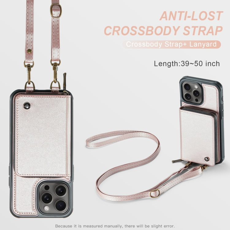 For iPhone 16 Pro JEEHOOD C22 Series Zipper Wallet Leather Phone Case with Dual Lanyard(Rose Gold) - iPhone 16 Pro Cases by JEEHOOD | Online Shopping South Africa | PMC Jewellery | Buy Now Pay Later Mobicred