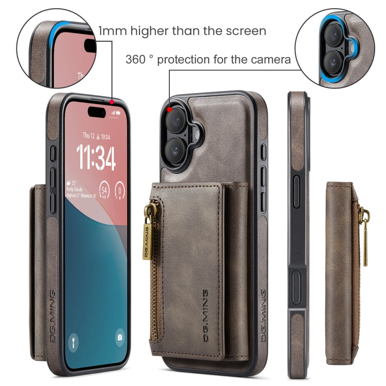 For iPhone 16 Plus DG.MING M5 Series Zip RFID Multi Card Detachable Leather Phone Case(Coffee) - iPhone 16 Plus Cases by DG.MING | Online Shopping South Africa | PMC Jewellery | Buy Now Pay Later Mobicred