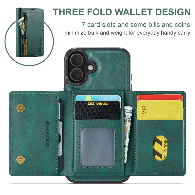 For iPhone 16 Plus DG.MING M5 Series Zip RFID Multi Card Detachable Leather Phone Case(Green) - iPhone 16 Plus Cases by DG.MING | Online Shopping South Africa | PMC Jewellery | Buy Now Pay Later Mobicred