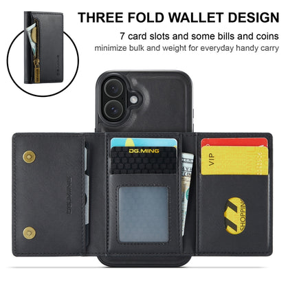 For iPhone 16 DG.MING M5 Series Zip RFID Multi Card Detachable Leather Phone Case(Black) - iPhone 16 Cases by DG.MING | Online Shopping South Africa | PMC Jewellery | Buy Now Pay Later Mobicred