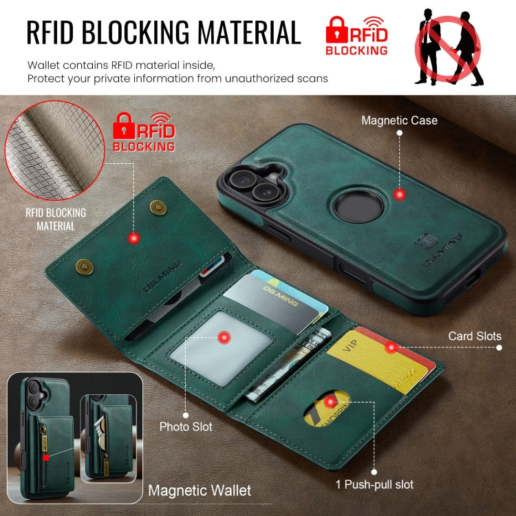 For iPhone 16 DG.MING M5 Series Zip RFID Multi Card Detachable Leather Phone Case(Green) - iPhone 16 Cases by DG.MING | Online Shopping South Africa | PMC Jewellery | Buy Now Pay Later Mobicred