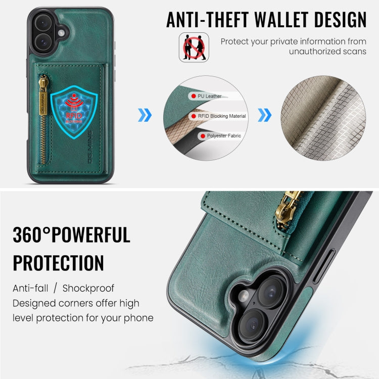 For iPhone 16 DG.MING M5 Series Zip RFID Multi Card Detachable Leather Phone Case(Green) - iPhone 16 Cases by DG.MING | Online Shopping South Africa | PMC Jewellery | Buy Now Pay Later Mobicred