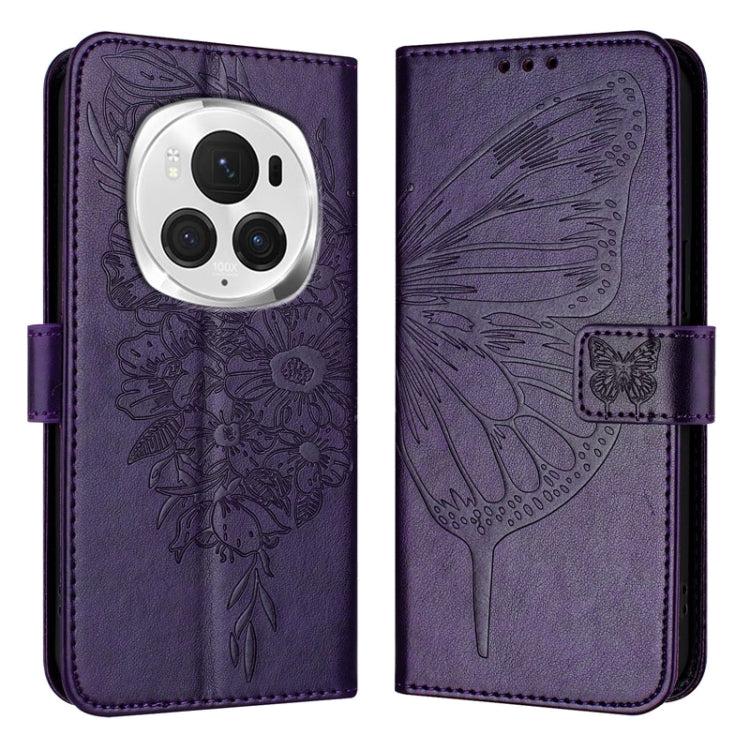 For Honor Magic6 Pro 5G Global Embossed Butterfly Leather Phone Case(Dark Purple) - Honor Cases by PMC Jewellery | Online Shopping South Africa | PMC Jewellery | Buy Now Pay Later Mobicred