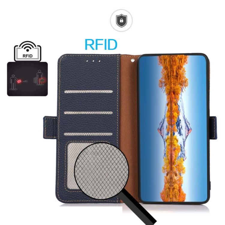 For Google Pixel 8a KHAZNEH Side-Magnetic Litchi Genuine Leather RFID Phone Case(Blue) - Google Cases by PMC TechLife | Online Shopping South Africa | PMC TechLife | Buy Now Pay Later Mobicred