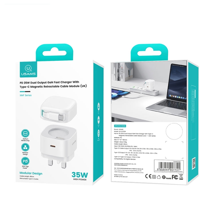 USAMS US-CC204 SMF Series PD35W Dual Type-C Port GaN Fast Charger, UK Plug(White) - USB Charger by USAMS | Online Shopping South Africa | PMC Jewellery | Buy Now Pay Later Mobicred