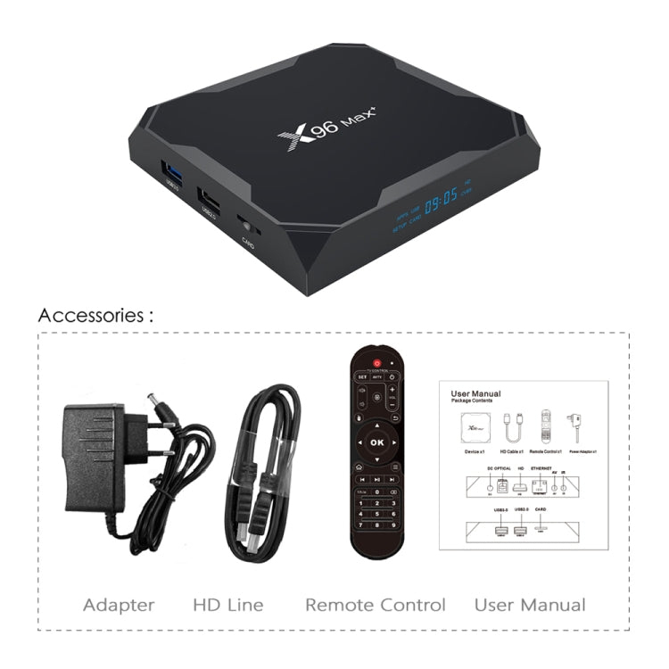 X96 max+ 4K Smart TV Box with Remote Control, Android 9.0, Amlogic S905X3 Quad-Core Cortex-A55,2GB+16GB, Support LAN, AV, 2.4G/5G WiFi, USBx2,TF Card, UK Plug - Amlogic S905 by PMC Jewellery | Online Shopping South Africa | PMC Jewellery | Buy Now Pay Later Mobicred