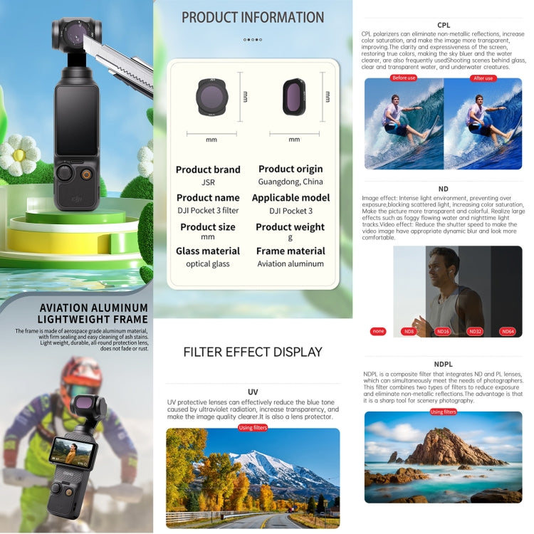 For DJI OSMO Pocket 3 JSR CB Series Camera Lens Filter, Filter:6 in 1 UV CPL ND8-64 - free shipping - PMC TechLife - Order now!