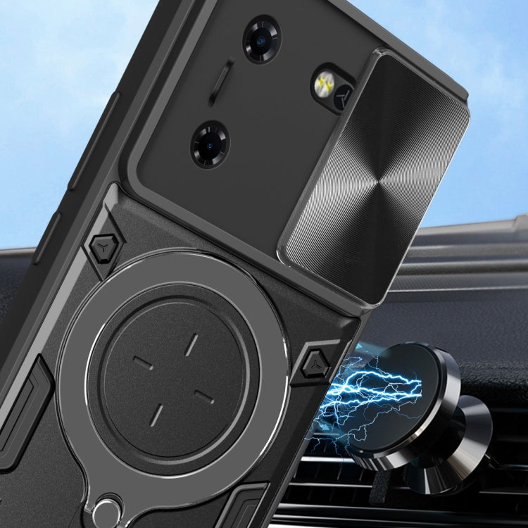 For Tecno Pova 5 CD Texture Sliding Camshield Magnetic Holder Phone Case(Black) - Tecno Cases by PMC TechLife | Online Shopping South Africa | PMC TechLife | Buy Now Pay Later Mobicred