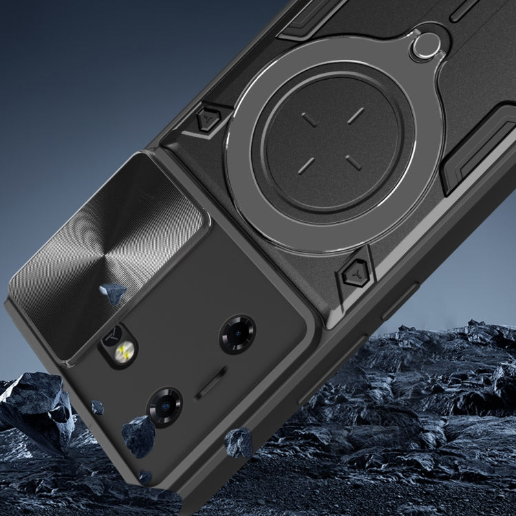 For Tecno Pova 5 CD Texture Sliding Camshield Magnetic Holder Phone Case(Black) - Tecno Cases by PMC TechLife | Online Shopping South Africa | PMC TechLife | Buy Now Pay Later Mobicred