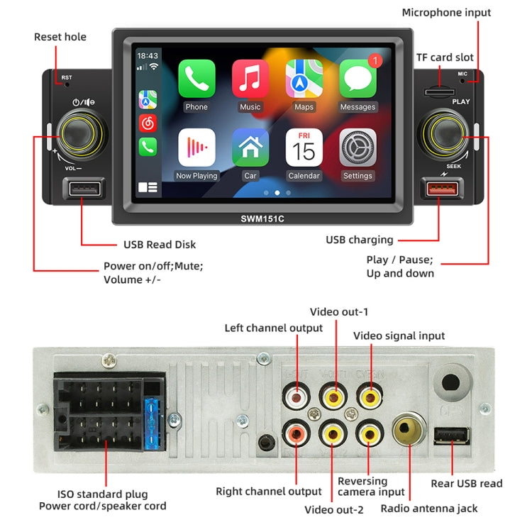 SWM151C 5 inch Portable Car MP5 Player Support CarPlay / Android Auto(Black) - Car MP3 & MP4 & MP5 by PMC Jewellery | Online Shopping South Africa | PMC Jewellery