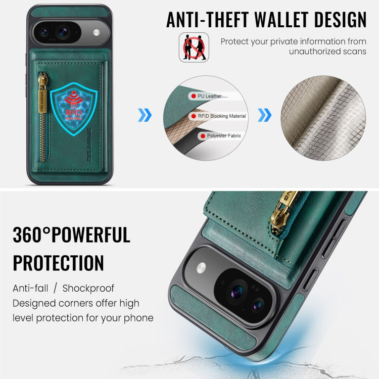 For Google Pixel 9 / 9 Pro DG.MING M5 Series Zip RFID Multi Card Detachable Leather Phone Case(Green) - Google Cases by DG.MING | Online Shopping South Africa | PMC Jewellery | Buy Now Pay Later Mobicred