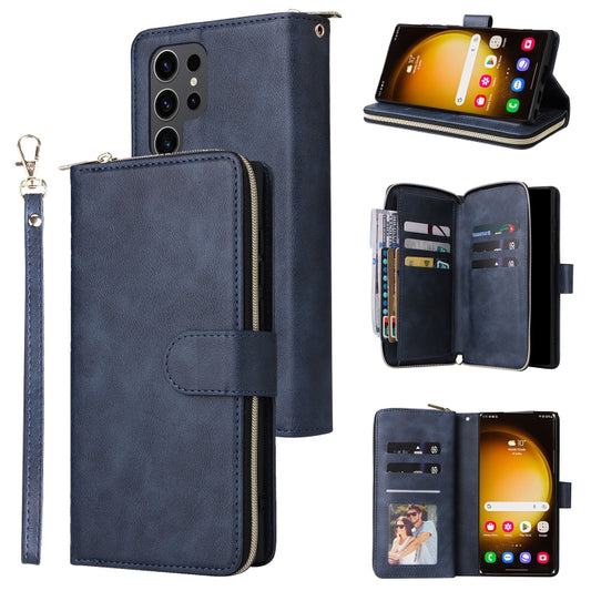 For Samsung Galaxy S24 Ultra 5G 9-Card Slots Zipper Wallet Bag Leather Phone Case(Blue) - Galaxy S24 Ultra 5G Cases by PMC Jewellery | Online Shopping South Africa | PMC Jewellery | Buy Now Pay Later Mobicred