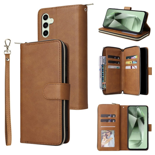 For Samsung Galaxy S24 FE 5G 9-Card Slots Zipper Wallet Bag Leather Phone Case(Brown) - Galaxy S24 FE 5G Cases by PMC Jewellery | Online Shopping South Africa | PMC Jewellery | Buy Now Pay Later Mobicred