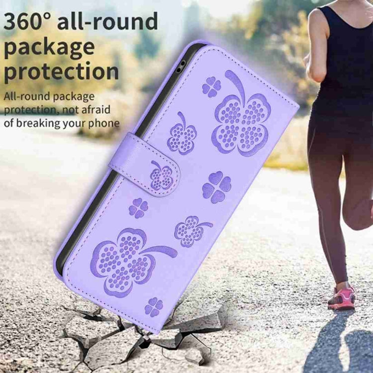 For Xiaomi Redmi Note 12 Pro 5G Global Four-leaf Embossed Leather Phone Case(Purple) - Xiaomi Cases by PMC TechLife | Online Shopping South Africa | PMC TechLife | Buy Now Pay Later Mobicred