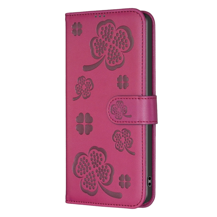 For Xiaomi Redmi A3 Four-leaf Embossed Leather Phone Case(Rose Red) - Xiaomi Cases by PMC Jewellery | Online Shopping South Africa | PMC Jewellery | Buy Now Pay Later Mobicred