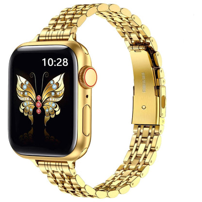 For Apple Watch SE 2023 44mm Slim Seven Bead Slingshot Buckle Metal Watch Band(Gold) - Watch Bands by PMC Jewellery | Online Shopping South Africa | PMC Jewellery