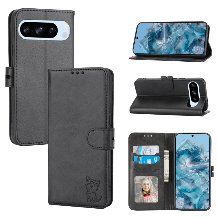 For Google Pixel 9 Pro Embossed Happy Cat Pattern Flip Leather Phone Case(Black) - Google Cases by PMC TechLife | Online Shopping South Africa | PMC TechLife | Buy Now Pay Later Mobicred