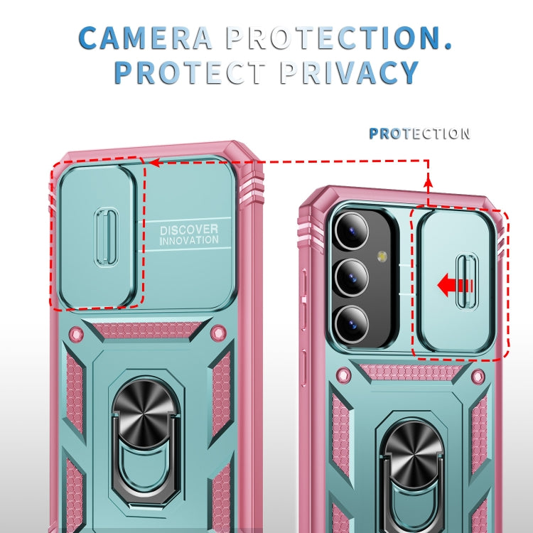 For Samsung Galaxy S24 5G Sliding Camshield TPU + PC Phone Case with Holder(Green+Pink) - Galaxy S24 5G Cases by PMC TechLife | Online Shopping South Africa | PMC TechLife