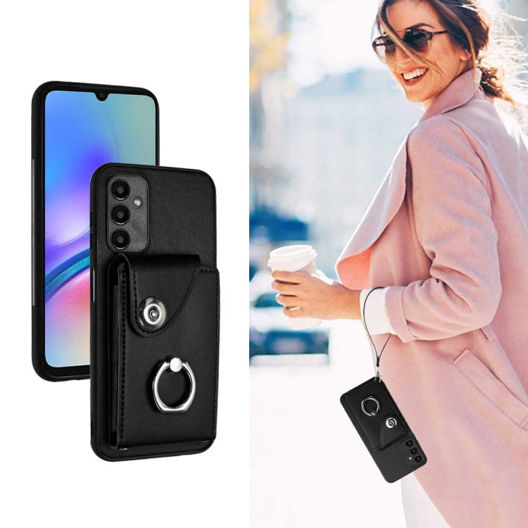 For Samsung Galaxy A05s 4G Global Organ Card Bag Ring Holder PU Phone Case with Lanyard(Black) - Galaxy Phone Cases by PMC Jewellery | Online Shopping South Africa | PMC Jewellery