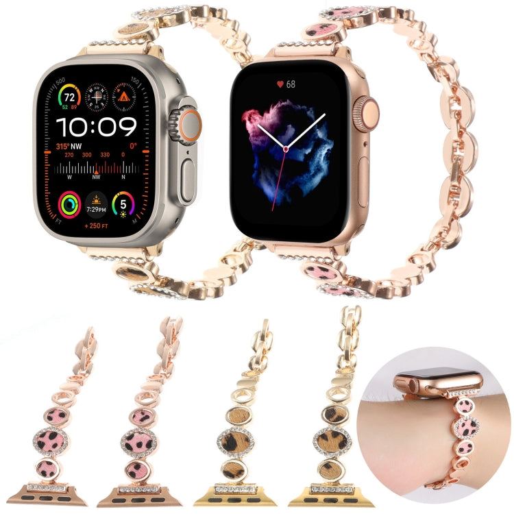 For Apple Watch SE 2022 40mm Leopard Rhinestones Metal Chain Watch Band(Rose Gold) - Watch Bands by PMC Jewellery | Online Shopping South Africa | PMC Jewellery