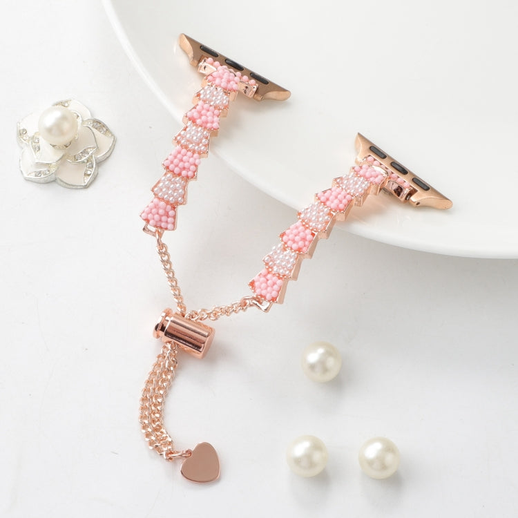 For Apple Watch Series 8 41mm Shell Beads Chain Bracelet Metal Watch Band(Pink White Rose Gold) - Watch Bands by PMC Jewellery | Online Shopping South Africa | PMC Jewellery