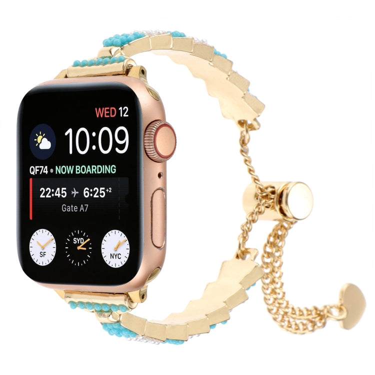 For Apple Watch Series 8 45mm Shell Beads Chain Bracelet Metal Watch Band(Blue White Gold) - Watch Bands by PMC Jewellery | Online Shopping South Africa | PMC Jewellery