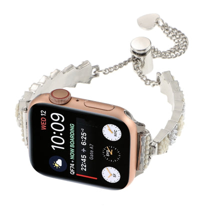 For Apple Watch Series 8 45mm Shell Beads Chain Bracelet Metal Watch Band(Beige White Silver) - Watch Bands by PMC Jewellery | Online Shopping South Africa | PMC Jewellery