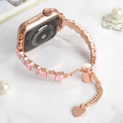 For Apple Watch Series 5 44mm Shell Beads Chain Bracelet Metal Watch Band(Pink White Rose Gold) - Watch Bands by PMC Jewellery | Online Shopping South Africa | PMC Jewellery