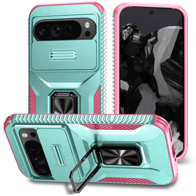 For Google Pixel 9 Pro XL Sliding Camshield Holder Phone Case(Grey Green + Pink) - Google Cases by PMC Jewellery | Online Shopping South Africa | PMC Jewellery | Buy Now Pay Later Mobicred