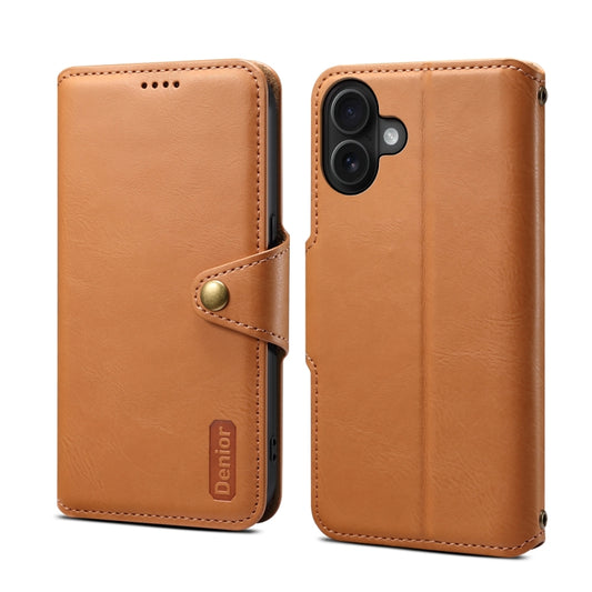 For iPhone 16 Plus Denior Cowhide Texture Wallet Style Leather Phone Case(Khaki) - iPhone 16 Plus Cases by Denior | Online Shopping South Africa | PMC Jewellery | Buy Now Pay Later Mobicred